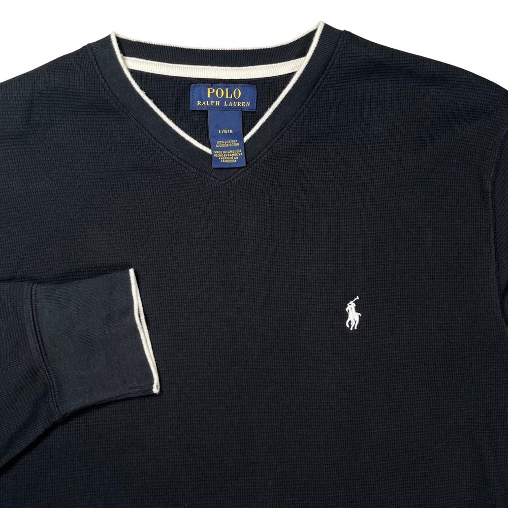 Polo Ralph Lauren Thermal Shirt Men Large Black V-Neck Waffle Long Sleeve Preppy